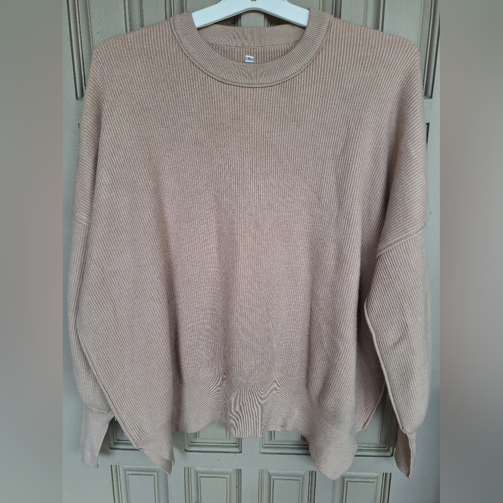 Unisex Oversized Sweater SzL Long Sleeve Knit Banded Hem/Collar/Cuff Creme Knit